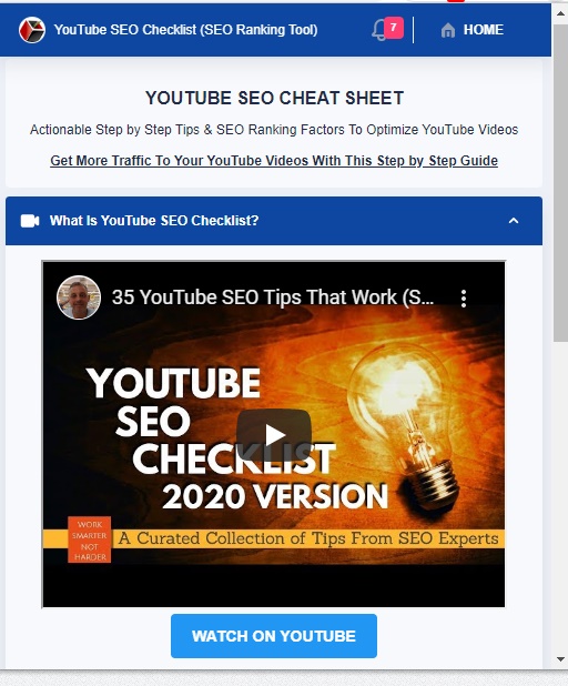 YouTube SEO Checklist Screenshot 1 with video