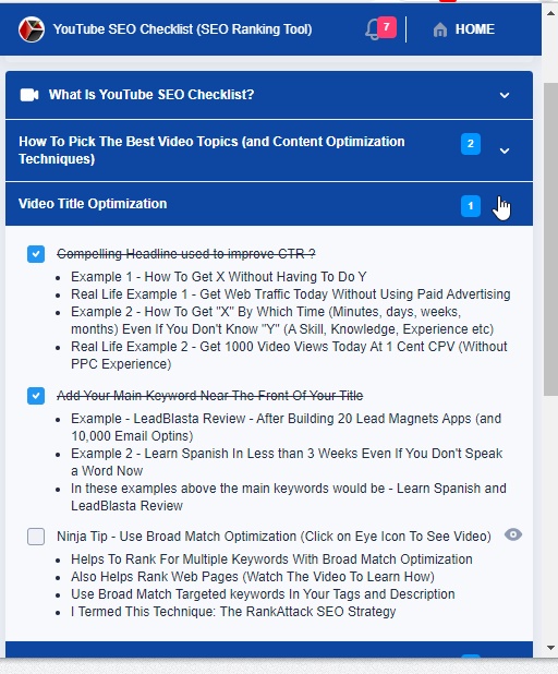 YouTube SEO Checklist Screenshot 2 with categories